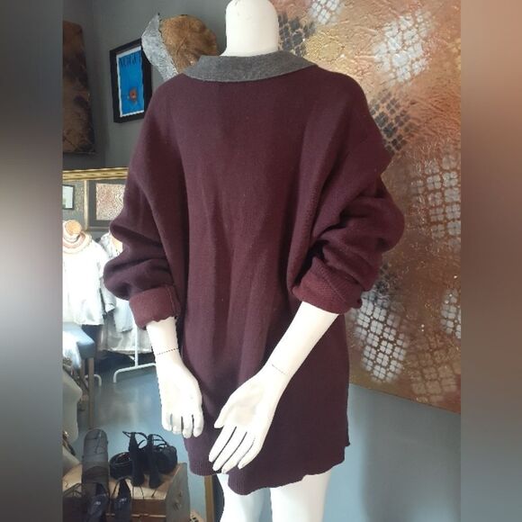 Zara Wool Blend Burgundy Polo Style Sweater with Gray Collar - Picture 6 of 14